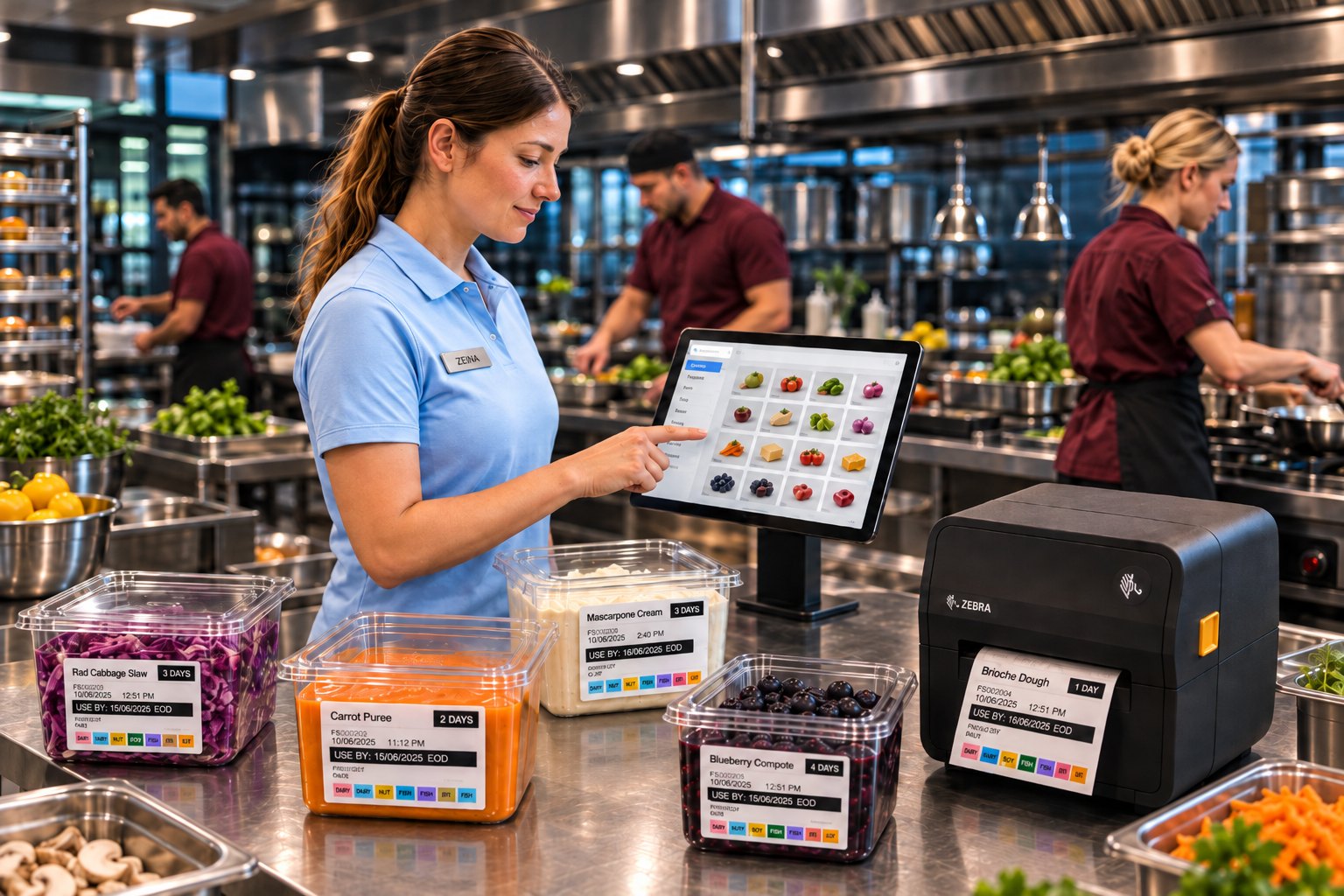 Chef printing a food-safety label at the Stickeit station